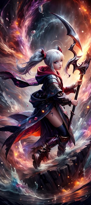 1girl, white hair, twin tails, highly detailed face, detailed eyes, full lips, wearing a death reaper robe with hood down, action pose, holding a weapon scythe, body of water, swirling water, style-swirlmagic, explosionmagic ,explosionmagic ,saint_cloth divine_armor,dragon ear,fantasy00d,beautyniji,FFIXBG