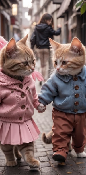 1girl, skirt, long sleeves, 1boy, jacket, pleated skirt, outdoors, pants, blurry, looking at another, sweater, depth of field, blurry background, holding hands, animal, cat, pink skirt, walking, brown pants, animal focus, whiskers, photo background