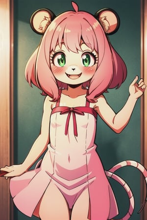 High resolution, extremely detailed, atmospheric scene, masterpiece, best quality, 64k, high quality, SAM YANG, 1 woman, females, adult age 25, solo, (HDR), mouse girl, mouse ears, pink mouse tail, mouse nose, anthro, furry face, mouse nose, little pink mouse nose, pink wrist fur, (extremely curly white hair with red and pink highlights, red and pink hair highlights), white eyelashes, white sundress, strawberry pattern on dress, white body fur, curiously looking at pov, leaning fblushing, toward pov, flat chested, wide smile, very happy, full of wonder, blush, digitigrade, furry, petite, extremely short, very high detail body, very high detail skin, excellent quality, perfect, EnvyBeautyMix23
