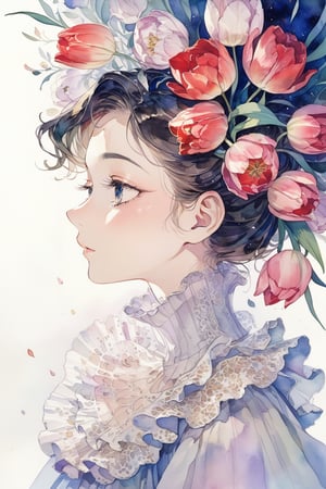 A gentle woman,gold half updo,thick eyebrows,turtleneck dress,tulip background,simple background,(Rococo:1.2),watercolor \(medium\),masterpiece, best quality, aesthetic,sideways
