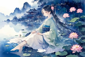 A gentle woman sits by the shore,black drooping lang hair,hanfu,hair stick,lotus,scenery,watercolor \(medium\),masterpiece, best quality, aesthetic,watercolor \(medium\)