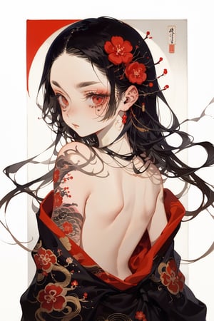 a mature girl,straight long hair,(bangs:1.2),straight thick eyebrows,thick eyelashes,red eyes,troubled eyebrows,clothes pull,robe slip,backless,looking back,plum blossoms tattoo,emo,masterpiece, best quality, aesthetic,simple background,warrior