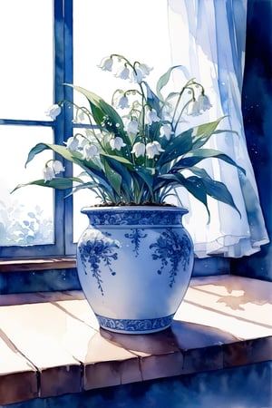 A lily of the valley is planted in a blue and white porcelain flowerpot,watercolor \(medium\),masterpiece, best quality, aesthetic,(nobody,no girl,goods:1.8),(indoors:1.2),natural light,