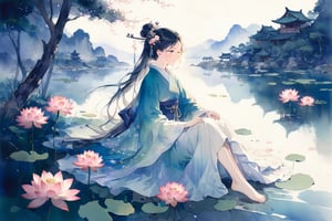 A gentle woman sits by the shore,black drooping lang hair,hanfu,hair stick,lotus,scenery,watercolor \(medium\),masterpiece, best quality, aesthetic,