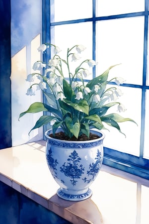 A lily of the valley is planted in a blue and white porcelain flowerpot,watercolor \(medium\),masterpiece, best quality, aesthetic,(nobody,no girl,goods:1.8),(indoors:1.2),natural light