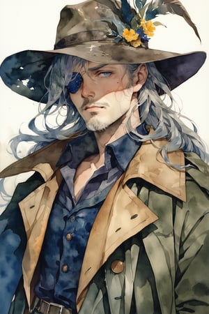 a mature man pull down the brim of his hat,(uncle:1.2),with a full grey beard,grey hair,blue eyes,cowboy hat,cowboy torn Trench Coat,hair over one eye,waistcoat,holding,rough,masterpiece, best quality, aesthetic,looking at viewer,watercolor \(medium\),Realistic