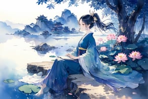 A gentle woman sits by the shore,black drooping lang hair,hanfu,hair stick,lotus,scenery,watercolor \(medium\),masterpiece, best quality, aesthetic,watercolor \(medium\)