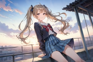 a female high school student,lang hair,brown (high twintails),brown eye BREAK black kazekoshi school uniform BREAK blue plaid skirt,1990s_(style),hair down,affectionate expression,dusk,Realistic,natural light,sky,looking at viewer,hair tie,masterpiece, best quality, aesthetic,tearing up,crying_tears,scenery,hair spread out