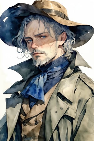 a mature man pull down the brim of his hat,(uncle:1.2),with a full grey beard,grey hair,blue eyes,cowboy hat,cowboy torn Trench Coat,waistcoat,rough,masterpiece, best quality, aesthetic,looking at viewer,watercolor \(medium\),Realistic