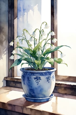 A lily of the valley is planted in a high-end flowerpot,watercolor \(medium\),masterpiece, best quality, aesthetic,(nobody,no girl,goods:1.8),indoors,natural light,watercolor \(medium\)