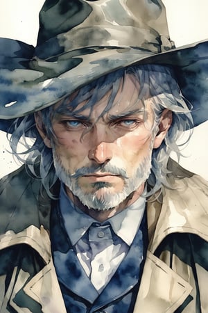 a mature man pull down the brim of his hat,(uncle:1.2),with a full grey beard,grey hair,blue eyes,cowboy hat,cowboy torn Trench Coat,waistcoat,rough,masterpiece, best quality, aesthetic,looking at viewer,watercolor \(medium\),Realistic