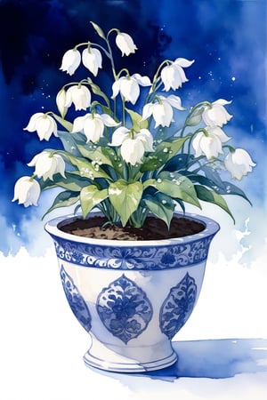 A lily of the valley is planted in a blue and white porcelain flowerpot,watercolor \(medium\),masterpiece, best quality, aesthetic,(nobody,no girl,goods:1.8),indoors,natural light,watercolor \(medium\)