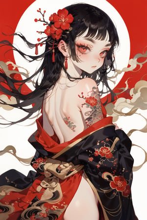a mature girl,straight long hair,(bangs:1.2),straight thick eyebrows,thick eyelashes,red eyes,troubled eyebrows,clothes pull,robe slip,backless,looking back,plum blossoms tattoo,emo,masterpiece, best quality, aesthetic,simple background,warrior