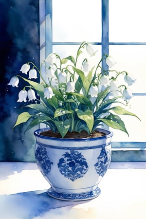 A lily of the valley is planted in a blue and white porcelain flowerpot,watercolor \(medium\),masterpiece, best quality, aesthetic,(nobody,no girl,goods:1.8),(indoors:1.2),natural light,watercolor \(medium\)