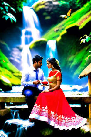 beautiful couple, multicolor skirt, real Indian beauty, black eyes look at me, red lips, in waterfall side tea hut, take a tea, in the evening, full photo, butterfly on flowers, full body shot head to toe, 