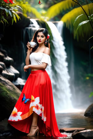 beautiful girl, multicolor skirt, real Indian beauty, black eyes look at me, red lips, in waterfall side tea hut, take a tea, in the evening, full photo, butterfly on flowers, full body shot head to toe, 