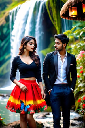 beautiful couple, multicolor skirt, real Indian beauty and boys clothing, black coat, black eyes look at me, red lips, in waterfall side tea hut, take a tea, in the evening, full photo, butterfly on flowers, real image,