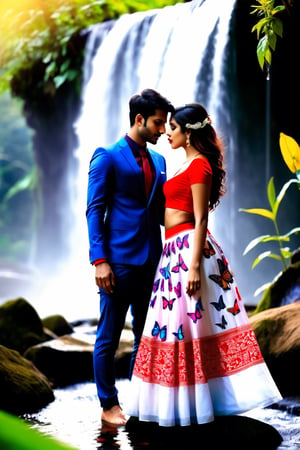 beautiful couple, multicolor skirt, real Indian beauty and boys clothing, black eyes look at me, red lips, in waterfall side tea hut, take a tea, in the evening, full photo, butterfly on flowers, full body shot head to toe, 