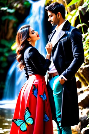 beautiful couple, multicolor skirt, real Indian beauty and boys clothing, black coat, black eyes look at me, red lips, in waterfall side tea hut, flirting, in the evening, full photo, butterfly on flowers, real image,