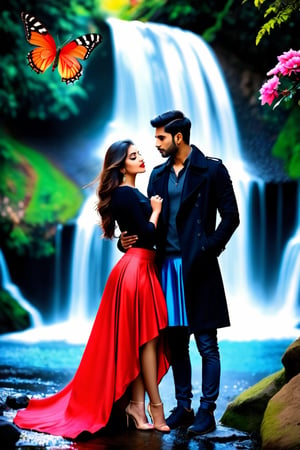 beautiful couple, multicolor skirt, real Indian beauty and boys clothing, black coat, black eyes look at me, red lips, in waterfall side tea hut, doing romance, in the evening, full photo, butterfly on flowers, real image,