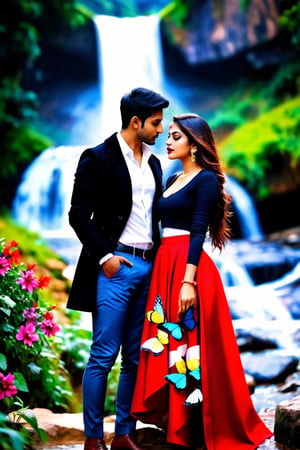 beautiful couple, multicolor skirt, real Indian beauty and boys clothing, black coat, black eyes look at me, red lips, real skin tone, at waterfall side tea hut, love, in the evening, full photo, butterfly on flowers, real image,