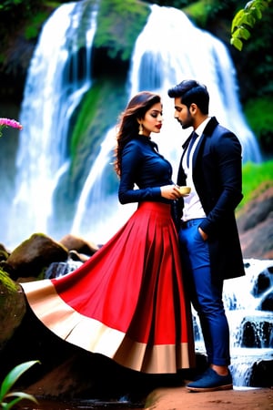 beautiful couple, multicolor skirt, real Indian beauty and boys clothing, black coat, black eyes look at me, red lips, in waterfall side tea hut, take a tea, in the evening, full photo, butterfly on flowers, full body shot head to toe, 