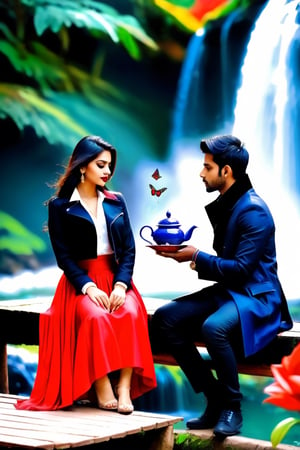 beautiful couple, multicolor skirt, real Indian beauty and boys clothing, black coat, black eyes look at me, red lips, in waterfall side tea hut, take a tea, in the evening, full photo, butterfly on flowers, full body shot head to toe, 