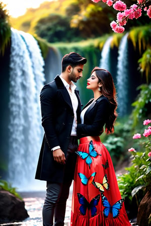 beautiful couple, multicolor skirt, real Indian beauty and boys clothing, black coat, black eyes look at me, red lips, in waterfall side tea hut, making love, in the evening, full photo, butterfly on flowers, real image,