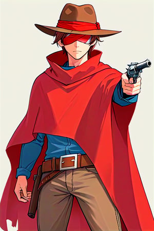 Red Blindfold, Brown cowboy hat, male, brown hair, brown poncho, Revolver