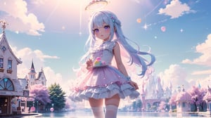 ((((1girl, bright white hair, long hair, purple eyes, pale skin, lolita dress, white dress, short dress, white thigh stockings, small breasts, pale skin, soft skin, rainbow, hearts, pastel, crystals, halo, colorful, doll, pink, purple, blue))))
((1girl standing))
((flat ground, ground with white water, ground with glowing pastel rainbow color running through water))
((sky with clouds, sphere of magical white energy in the top of the sky, pastel rainbow sparkles on the edge of sphere of magical white energy, magical ribbons of pastel rainbow colors sirwling into sphere of magical white energy in top the sky))
((lots of dolls everywhere))
((light atmosphere))
(fluffy, soft, light, bright, sparkles, twinkle, cute, pink, purple, blue, clouds, pastel, light colors, glitter, happy, normal pupil)
best quality, masterpiece, Detailedface, high_res 8K, candyland, full background, candy, sweets, lollipop, chocolate, ice cream, swirl lollipop, strawberry, ice cream, doughnut, cake, cupcake, balloon, chocolate bar, bubble, cream, whipped cream, dessert, pastry, candy wrapper, icing, teacup, confetti, cotton candy, Cute girl,score_9_up,best quality