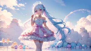 ((((1girl, bright white hair, long hair, purple eyes, pale skin, lolita dress, white dress, short dress, white thigh stockings, small breasts, pale skin, soft skin, rainbow, hearts, pastel, crystals, halo, colorful, doll, pink, purple, blue))))
((1girl standing))
((flat ground, ground with white water, ground with glowing pastel rainbow color running through water))
((sky with clouds, sphere of magical white energy in the top of the sky, pastel rainbow sparkles on the edge of sphere of magical white energy, magical ribbons of pastel rainbow colors sirwling into sphere of magical white energy in top the sky))
((lots of dolls everywhere))
((light atmosphere))
(fluffy, soft, light, bright, sparkles, twinkle, cute, pink, purple, blue, clouds, pastel, light colors, glitter, happy, normal pupil)
best quality, masterpiece, Detailedface, high_res 8K, candyland, full background, candy, sweets, lollipop, chocolate, ice cream, swirl lollipop, strawberry, ice cream, doughnut, cake, cupcake, balloon, chocolate bar, bubble, cream, whipped cream, dessert, pastry, candy wrapper, icing, teacup, confetti, cotton candy, Cute girl,score_9_up,best quality