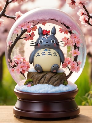 Detailmaster2, top quality, super detailed,  totoro snow globe, totoro, Chibi, 3D figure, totoro,  Cherry blossoms, cherry blossom blizzard, very sharp, perfect shape, completely Round snow globe, snow falling inside, add colorful lights, beautiful decorative base,,
, photo r3al
