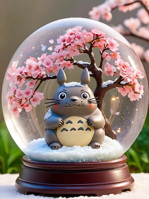 Detailmaster2, top quality, super detailed,  totoro snow globe, totoro, Chibi, 3D figure, totoro,  Cherry blossoms, cherry blossom blizzard, very sharp, perfect shape, completely Round snow globe, snow falling inside, add colorful lights, beautiful decorative base,,
, photo r3al