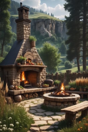//quality, (masterpiece:1.4), (detailed), ((,best quality,)),//a beautiful outdoor kitchen, food ingredients, vegetables, wooden pillars, fire in the hearth, medieval fantasy vibe, wild flowers, tall grass, pathway, fire pit, heavy snowfall, sequia forest, built on a cliff, smoking chimney,snow mountains in the distance, beautiful valley, 3 point perspective, snow covered
