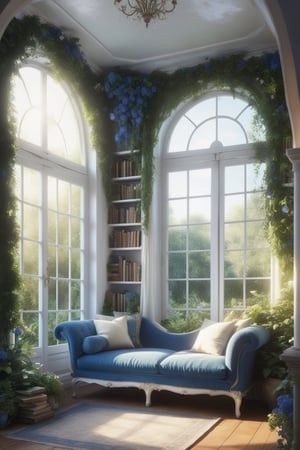 a cozy fantasy reading room, white washed, a cozy blue couch by the window, flower vines, indoor garden, flowers, sunlight, cinematic_lighting, book shelves, lush forest outside, window, French doors, white curtains,Extremely Realistic, high ceiling, white paint