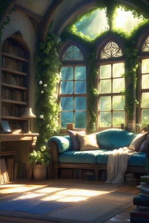 a cozy fantasy reading room, white washed, a large cozy blue couch by the window, flower vines, indoor garden, flowers, sunlight, cinematic_lighting, book shelves, lush forest outside, window, French doors, white curtains,Extremely Realistic, 