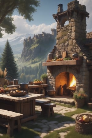 //quality, (masterpiece:1.4), (detailed), ((,best quality,)),//a beautiful outdoor kitchen, food ingredients, vegetables, wooden pillars, fire in the hearth, medieval fantasy vibe, wild flowers, tall grass,wooden table, firewood, fire pit, heavy snowfall, sequia forest, built on a cliff, smoking chimney,snow mountains in the distance, beautiful valley, 3 point perspective, snow covered