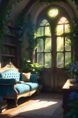 a cozy fantasy reading room, white washed, a cozy blue couch by the window, flower vines, indoor garden, flowers, sunlight, cinematic_lighting, book shelves, lush forest outside, window, French doors, white curtains,Extremely Realistic, 