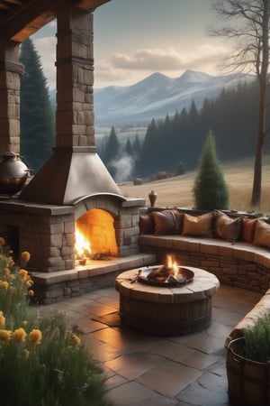 //quality, (masterpiece:1.4), (detailed), ((,best quality,)),//a beautiful outdoor kitchen, food ingredients, vegetables, wooden pillars, fire in the hearth, medieval fantasy vibe, wild flowers, tall grass, pathway, fire pit, heavy snowfall, sequia forest, built on a cliff, smoking chimney,snow mountains in the distance, beautiful valley, 3 point perspective, snow covered