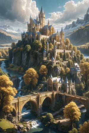//quality, (masterpiece:1.4), (detailed), ((,best quality,)),//outdoors, sky, day, cloud, water, tree, no humans, scenery, bridge, river, elven golden castle, 2 castles joined by bridges,fantasy world,cliff, mountain, magical city,cathedral, tower, landscape, lake, white trees,aerial view 