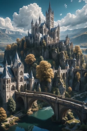 //quality, (masterpiece:1.4), (detailed), ((,best quality,)),//outdoors, sky, day, cloud, water, tree, no humans, scenery, bridge, river, gothic castle,fantasy world,cliff, mountain, magical city,cathedral, tower, landscape, lake, white trees,aerial view 