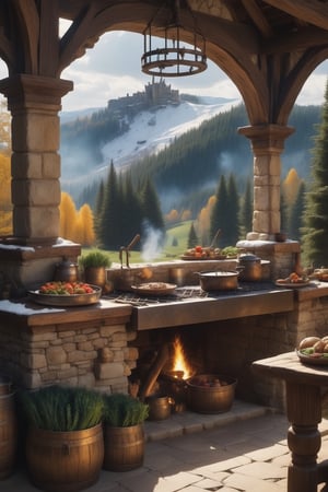 //quality, (masterpiece:1.4), (detailed), ((,best quality,)),//a beautiful outdoor kitchen, food ingredients, vegetables, wooden pillars, fire in the hearth, medieval fantasy vibe, wild flowers, tall grass,wooden table, firewood, fire pit, heavy snowfall, sequia forest, built on a cliff, smoking chimney,snow mountains in the distance, beautiful valley, 3 point perspective, snow covered