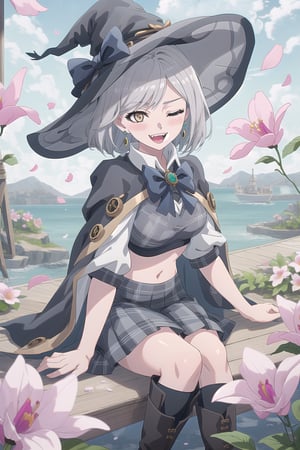nier anime style illustration, best quality, masterpiece High resolution, good detail, bright colors, HDR, 4K. Dolby vision high.

Witch with short straight silver hair, white eyes (one eye closed), silver earrings, blushing 

Elegant steampunk gray crop top 

black bow 

Showing navel, exposed navel 

Gray plaid school skirt 

black stockings

Elegant steampunk white boots

a white cape 

On a floating island in the blue sky 

Sitting on the island

Many flowers

Very windy with petals flying

(A hand on one's own face) 

Coquettish smile (proud smile). Happy, excited. Open mouth 

Showing fangs, exposed fangs 

Selfie

White witch hat
