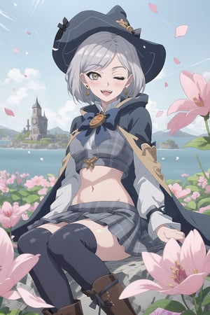 nier anime style illustration, best quality, masterpiece High resolution, good detail, bright colors, HDR, 4K. Dolby vision high.

Witch with short straight silver hair, white eyes (one eye closed), silver earrings, blushing 

Elegant steampunk gray crop top 

black bow 

Showing navel, exposed navel 

Gray plaid school skirt 

black stockings

Elegant steampunk white boots

a white cape 

On a floating island in the blue sky 

Sitting on the island

Many flowers

Very windy with petals flying

(A hand on one's own face) 

Coquettish smile (proud smile). Happy, excited. Open mouth 

Showing fangs, exposed fangs 

Selfie

white hood