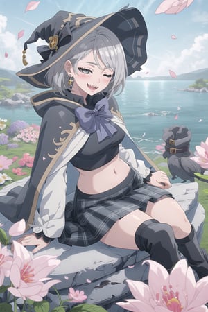 nier anime style illustration, best quality, masterpiece High resolution, good detail, bright colors, HDR, 4K. Dolby vision high.

Witch with short straight silver hair, white eyes (one eye closed), silver earrings, blushing 

Elegant steampunk gray crop top 

black bow 

Showing navel, exposed navel 

Gray plaid school skirt 

black stockings

Elegant steampunk white boots

a white cape 

On a floating island in the blue sky 

Sitting on the island

Many flowers

Very windy with petals flying

(A hand on one's own face) 

Coquettish smile (proud smile). Happy, excited. Open mouth 

Showing fangs, exposed fangs 

Selfie

white hood