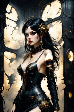 An digital illustration (side view:1.2) (warhammer 40k) drawing masterpiece with intricate details and the best quality art by, (Dorian Cleavenger:1.2) and (luis royo) a young attractive painter with slim skinny figure, round face and full lips, hypnotizing piercing gaze, wearing destoyed elegant noble black dress with ornate jewlery and black hair in despair (dramatic pose) in sci-fi dark large spacious (gothic cabin)  with tall celling on a space ship (painter studio) cabin with single easel with canvas, broken destoyed paintings, spilled paint on the marble floor black (metal walls) with mechanical parts cogs with gothic space ship (massive windows ) showing dark (outer space) with visible cosmos stars outside durin warp storm.