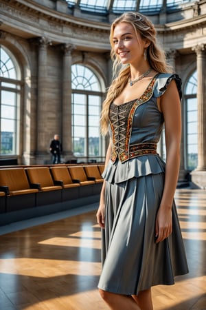 ((Hyperrealistic portrait of a beautiful German girl around 20 years old)), (((American flat shot))), photo of a girl posing as a model, seductive, clear facial features, detailed exquisite symmetrical face, soft skin and detailed, shiny lips, big smile, mesmerizing, (long blonde hair, random hair style, wearing traditional german clothing and jewelry, casual pose)
(Realistic and detailed background of the Reichstag building in Berlin, the capital of Germany), (scene with a beautifully composed background, with a miniature model in the foreground, seen in the distance)
Perfect composition rule of thirds, expressionism, studio photos, trending on artstation, (masterpiece, best quality, 32k, UHD: 1.5), (sharp focus, high contrast, HDR, ray tracing, hyper-detailed, details intricate, ultra-realistic, award-winning photo, kodachrome 800:1.4), (cinema lighting: 1.2), by Karol Bak, Gustav Klimt, Gerald Brom and Hayao Miyazaki.