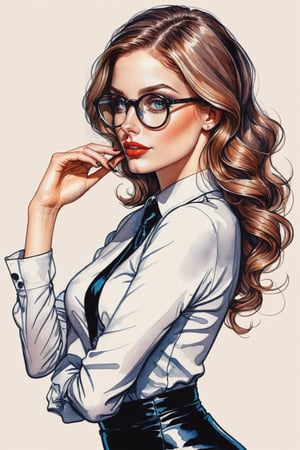 breathtaking (charming beautiful young woman, (sly smirk:0.3), wearing round glasses and secretary tight hot outfit,  (feminine physique, at work ))
a high quality, masterpiece, ((black sharp ink sketch)), colored with glossy modern watercolor,
(accentuated black fine contour lines), fine and clean, [style of modern 2d pinup poster] . award-winning, professional, highly detailed