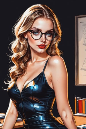 breathtaking (charming beautiful young woman, (sly smirk:0.3), wearing round glasses and sexy teacher tight hot outfit,  (feminine physique, at work ))
a high quality, masterpiece, ((black sharp ink sketch)), colored with glossy modern watercolor,
(accentuated black fine contour lines), fine and clean, [style of modern 2d pinup poster] . award-winning, professional, highly detailed