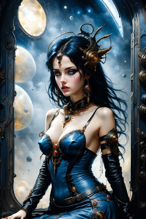 An digital illustration (side view:1.2) (warhammer 40k) drawing masterpiece with intricate details and the best quality art by, (Dorian Cleavenger:1.2) and (luis royo) a young attractive painter with slim skinny figure, round face and full lips, hypnotizing piercing gaze, wearing destoyed elegant noble blue dress with ornate jewlery and black hair in despair (dramatic pose) in sci-fi dark large spacious (gothic cabin)  with tall celling on a space ship (painter studio) cabin with single easel with canvas, broken destoyed paintings, spilled paint on the marble floor black (metal walls) with mechanical parts cogs with gothic space ship (massive windows ) showing dark (outer space) with visible cosmos stars outside durin warp storm.